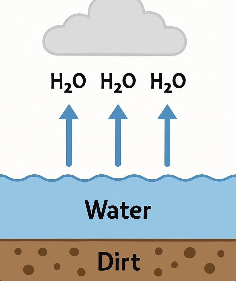 Diagrama simple mostrando una masa de agua con partículas de "suciedad" en el fondo, y flechas de vapor de agua (solo H2O) subiendo hacia una nube