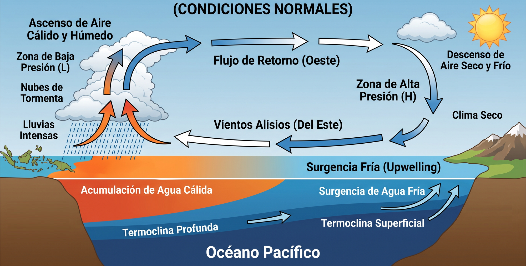 Diagrama de la Circulación de Walker en condiciones normales mostrando los vientos alisios, la acumulación de agua cálida al oeste y la surgencia fría al este