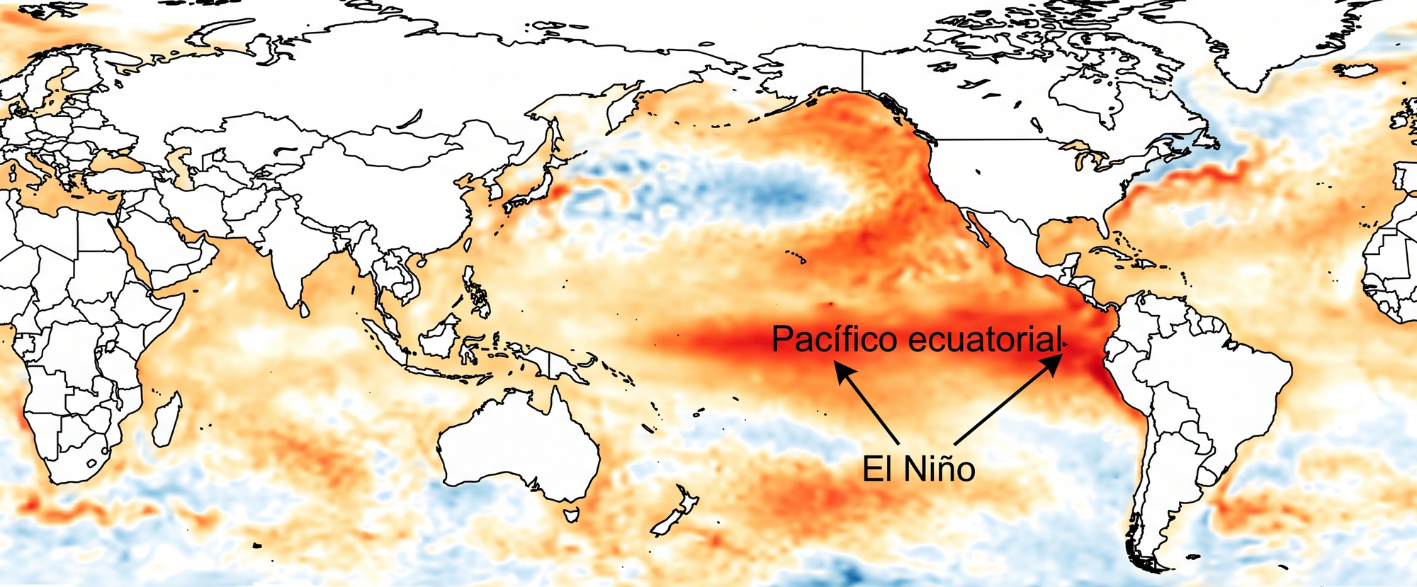Mapa de anomalías de temperatura superficial del mar durante un episodio de El Niño. Las zonas rojas indican aguas más cálidas de lo normal en el Pacífico ecuatorial.