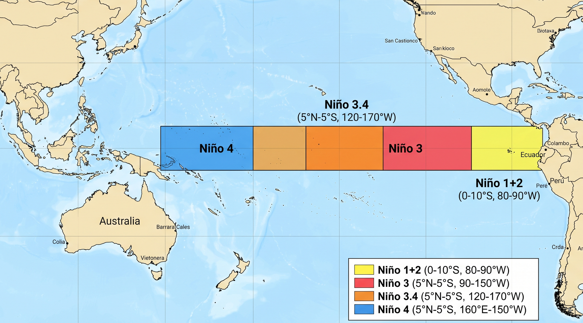 Mapa de regiones Niño (Niño 1+2, Niño 3, Niño 3.4, Niño 4) en el océano Pacífico